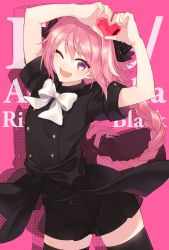 Rule 34 | 1boy, astolfo (apocrypha epilogue) (fate), astolfo (fate), black bow, black dress, black ribbon, black skirt, black thighhighs, bow, braid, buttons, character name, commentary request, copyright name, dress, fang, fate/apocrypha, fate (series), hair intakes, hair ribbon, heart, heart hands, highres, kan&#039;yu (citron 82), long braid, male focus, multicolored hair, official alternate costume, one eye closed, open mouth, pink background, pink hair, purple eyes, ribbon, shadow, single braid, skirt, solo, streaked hair, thighhighs, trap, white bow, white neckwear, zettai ryouiki