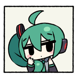 Rule 34 | 1girl, ahoge, alternate hairstyle, border, chan co, chibi, chibi only, detached sleeves, green hair, green necktie, grey shirt, hair between eyes, hair ornament, hair over shoulder, hand up, hashtag-only commentary, hatsune miku, long hair, long sleeves, looking at viewer, meme, necktie, shirt, side ponytail, sidetail miku noodle stopper (meme), simple background, sleeveless, sleeveless shirt, solo, upper body, vocaloid, white border