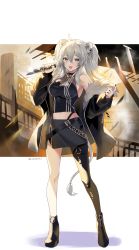 Rule 34 | 1girl, :d, absurdres, ahoge, akamoku, animal ear fluff, animal ears, black footwear, black jacket, black nails, black pantyhose, black skirt, blush, boots, breasts, commentary request, ear piercing, fang, full body, fur-trimmed jacket, fur trim, grey eyes, hair between eyes, high heel boots, high heels, highres, holding, holding knife, hololive, jacket, knife, large breasts, lion ears, lion girl, lion tail, long hair, long sleeves, looking at viewer, midriff, nail polish, navel, off shoulder, open clothes, open jacket, open mouth, pantyhose, piercing, shishiro botan, silver hair, single leg pantyhose, skirt, smile, solo, standing, tail, twitter username, virtual youtuber