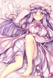 Rule 34 | 1girl, 90i, arm up, bad id, bad pixiv id, barefoot, blush, bottle, bow, breasts, coat, covered erect nipples, crescent, dress, drunk, female focus, hair ribbon, hat, large breasts, leg up, long hair, long sleeves, looking at viewer, lying, on back, open clothes, open coat, open mouth, patchouli knowledge, petals, purple dress, purple eyes, purple hair, ribbon, sake bottle, solo, spilling, striped clothes, striped dress, touhou