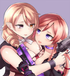 Rule 34 | 2girls, blonde hair, breasts, choker, cleavage, commentary request, detached sleeves, drill hair, elbow gloves, gloves, gradient background, gun, handgun, heterochromia, holding, holding gun, holding weapon, large breasts, multiple girls, nail polish, neit ni sei, open mouth, orange hair, original, pistol, pointy ears, purple eyes, shirt, sleeveless, sleeveless shirt, smile, trigger discipline, twin drills, upper body, weapon, wristband, yellow eyes