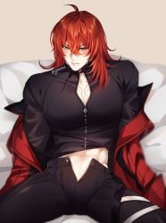 Rule 34 | 1boy, abs, artist name, bed, bed sheet, blush, collar, collared jacket, diluc (genshin impact), feet out of frame, genshin impact, highres, jacket, large pectorals, long hair, looking at viewer, lying, male focus, muscular, muscular male, on back, open fly, pants, pectoral cleavage, pectorals, red eyes, red hair, removing jacket, rourouki, shirt, signature, solo