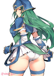 Rule 34 | 1girl, armor, ass, belt, blue armor, blue eyes, clothes lift, commentary, detached sleeves, fingerless gloves, fire emblem, fire emblem: path of radiance, from behind, ge-b, gloves, green eyes, green hair, helmet, long hair, looking at viewer, looking back, nephenee, nintendo, panties, profile, simple background, skirt, skirt lift, solo, thigh strap, thighhighs, twitter username, underwear, white background, white panties