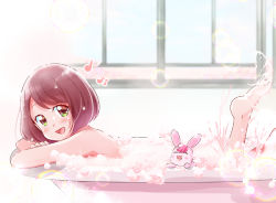 Rule 34 | 1girl, :d, barefoot, bathing, bathtub, brown hair, bubble, cropped arms, from side, green eyes, hanadera nodoka, healin&#039; good precure, legs up, looking at viewer, medium hair, mitumi mira, musical note, nude, open mouth, precure, rabirin (precure), smile, solo, swept bangs