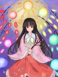 Rule 34 | 1girl, 83mkneinlsqmebq, black hair, bow, bowtie, branch, closed mouth, commentary, energy ball, green bow, green bowtie, highres, holding, holding branch, houraisan kaguya, jeweled branch of hourai, long hair, long sleeves, looking at viewer, pink shirt, red eyes, red skirt, shirt, skirt, smile, solo, touhou, very long hair, wide sleeves