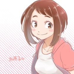Rule 34 | 1girl, alternate costume, blush stickers, boku no hero academia, breasts, brown eyes, brown hair, buthikireta, collarbone, commentary request, heart, hood, jacket, looking at viewer, open clothes, shirt, short hair, simple background, smile, solo, striped, striped background, translation request, twitter username, upper body, uraraka ochako, white background