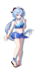 Rule 34 | 1girl, absurdres, ahoge, alternate costume, blue hair, bracelet, candy, casual, chupa chups, collarbone, commentary request, dianhua dianhua he, flip-flops, food, full body, ganyu (genshin impact), genshin impact, hair between eyes, highres, holding, horns, jewelry, lollipop, long hair, looking at viewer, low ponytail, navel, pleated skirt, purple eyes, sandals, sidelocks, simple background, skirt, sleeveless, smile, solo, standing, stomach, white background