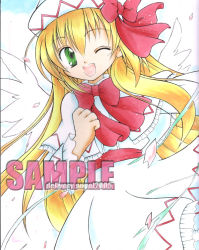 Rule 34 | 1girl, bad id, bad pixiv id, blonde hair, capelet, fairy, female focus, green eyes, hat, hat ribbon, kazra, lily white, long hair, one eye closed, open mouth, petals, ribbon, sample watermark, solo, standing, touhou, watermark, white background, wings, wink