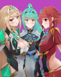 Rule 34 | 10s, 1boy, 3girls, absurdres, aqua eyes, aqua hair, armor, artist request, atlus, bare shoulders, blonde hair, blush, breasts, catherine: full body, catherine (game), chest jewel, cleavage, cleavage cutout, closed mouth, clothing cutout, covered navel, dress, elbow gloves, fingerless gloves, gem, giant, giantess, gloves, green eyes, hair ornament, hairband, headpiece, highres, jewelry, large breasts, long hair, looking at viewer, matching hair/eyes, mini person, miniboy, multiple girls, multiple persona, mythra (xenoblade), naughty face, nintendo, nottme, open mouth, parody, pneuma (xenoblade), ponytail, purple background, push-up bra, pyra (xenoblade), red eyes, red hair, red shorts, rex (xenoblade), self-upload, short hair, short shorts, shorts, shoulder armor, simple background, size difference, spoilers, swept bangs, tiara, very long hair, white dress, xenoblade chronicles (series), xenoblade chronicles 2, yellow eyes