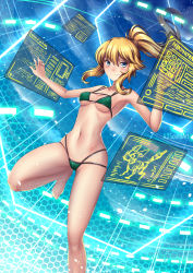 Rule 34 | 1girl, adsouto, armpits, bare shoulders, barefoot, bikini, blonde hair, blush, breasts, cameron maccloud, cleavage, collarbone, cyberpunk, eyelashes, feet, female focus, gen lock, green bikini, green eyes, hair between eyes, happy, highres, holographic touchscreen, legs, long hair, looking at viewer, micro bikini, midriff, navel, neck, outstretched arms, ponytail, rooster teeth, roosterteeth, shiny clothes, shiny skin, sidelocks, small breasts, smile, solo, spread arms, spread legs, standing, standing on one leg, swimsuit, thighs, toenails, toes