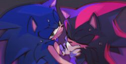 Rule 34 | 2boys, animal ears, animal nose, biting, biting another&#039;s hand, chromatic aberration, closed eyes, commentary, furry, furry male, gloves, green eyes, half-closed eyes, highres, looking at viewer, male focus, merry bongbong, multiple boys, scanlines, shadow the hedgehog, simple background, sonic (series), sonic the hedgehog, sweat, upper body, white gloves