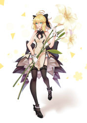 Rule 34 | 1girl, absurdres, ahoge, artoria pendragon (all), artoria pendragon (fate), bare shoulders, black bow, black footwear, black ribbon, black thighhighs, blonde hair, bow, breasts, cleavage, commentary request, fate/grand order, fate (series), flower, gloves, green eyes, hair bow, hair ribbon, highres, holding, holding flower, kotatsu kaya, large breasts, ribbon, saber (fate), shoes, solo, thighhighs, white gloves