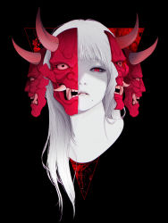Rule 34 | 1girl, absurdres, black background, cropped torso, highres, looking at viewer, mask, mask on head, mole, mole under mouth, original, park junkyu, parted lips, red eyes, solo, white hair