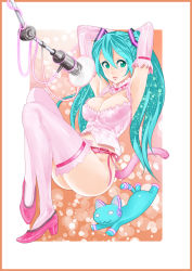 Rule 34 | 1girl, aqua hair, armpits, arms up, cat, cat tail, green eyes, hatsune miku, high heels, highres, ill-zyon, long hair, microphone, panties, shoes, side-tie panties, solo, tail, thighhighs, twintails, underwear, very long hair, vocaloid