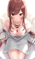 Rule 34 | 1girl, bare shoulders, blush, bra, breasts, brown hair, cellphone, cleavage, downblouse, from above, gem, gradient eyes, highres, holding, holding phone, idolmaster, idolmaster shiny colors, jewelry, kijibato 123-gou, long hair, long sleeves, looking at viewer, looking up, loose clothes, medium breasts, multicolored eyes, nail polish, necklace, off-shoulder sweater, off shoulder, osaki amana, parted lips, phone, raised eyebrows, red gemstone, red nails, sidelocks, sitting, sleeves past wrists, smartphone, solo, sweater, swept bangs, thighs, underwear, white bra, wide-eyed, yellow eyes