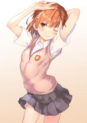 Rule 34 | 1girl, ;), arms up, blush, breasts, brown background, brown eyes, brown hair, brown shorts, closed mouth, collared shirt, commentary request, dress shirt, flower, gradient background, grey skirt, hair flower, hair ornament, looking at viewer, misaka mikoto, one eye closed, pleated skirt, raika9, school uniform, shirt, short shorts, short sleeves, shorts, shorts under skirt, skirt, small breasts, smile, solo, sweater vest, toaru kagaku no railgun, toaru majutsu no index, tokiwadai school uniform, twitter username, v, v-neck, white background, white flower, white shirt