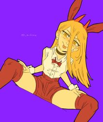 Rule 34 | 1girl, artist name, blonde hair, bow, bowtie, cross-shaped pupils, demon girl, demon horns, hair between eyes, highres, horns, kirtome, long hair, power (chainsaw man), purple background, red horns, shirt tucked in, simple background, solo, symbol-shaped pupils