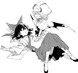 Rule 34 | 2girls, black hair, bow, commentary request, closed eyes, greyscale, hair bow, hair tubes, hakurei reimu, hands on own knees, long skirt, long sleeves, lying, monochrome, multiple girls, own hands together, remilia scarlet, seiza, short hair, simple background, sitting, sitting on person, skirt, smile, touhou, white background, wings, yuki (popopo)