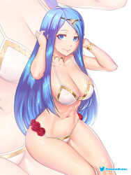 Rule 34 | 1girl, alternate costume, bare arms, bare shoulders, bikini, blue eyes, blue hair, choker, etchimune, fire emblem, fire emblem engage, long hair, looking at viewer, lumera (fire emblem), navel, nintendo, simple background, sitting, smile, solo, stomach, swimsuit, thighs, very long hair, white background, white bikini, zoom layer