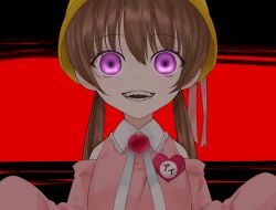 Rule 34 | 1girl, bad id, bad twitter id, black background, brooch, character name, collared dress, crazy smile, detached sleeves, dress, fangs, glowing, glowing eyes, hat, hat ribbon, heart, heart brooch, highres, inactive account, inotukuhito, jewelry, looking at viewer, low twintails, name tag, neck ribbon, open mouth, pink dress, pink ribbon, pink sleeves, purple eyes, red background, ribbon, school hat, sleeveless, sleeveless dress, sleeves past fingers, sleeves past wrists, smile, solo, translation request, tsukuyomi ai, twintails, two-tone background, upper body, voiceroid, w arms, white ribbon, wide-eyed