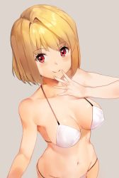 Rule 34 | arcueid brunestud, arm up, bad id, bad twitter id, bare shoulders, bikini, blonde hair, breasts, closed mouth, covered erect nipples, artistic error, from above, grey background, hand to own mouth, looking at viewer, looking up, medium breasts, navel, red eyes, short hair, shovelwell, simple background, smile, solo, string bikini, swimsuit, tsukihime, white bikini