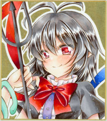 Rule 34 | 1girl, antenna hair, asymmetrical wings, black hair, black shirt, blue wings, blush, bow, bowtie, graphite (medium), hair between eyes, holding, holding weapon, houjuu nue, looking at viewer, marker (medium), nekofish666, pointy ears, polearm, red bow, red bowtie, red eyes, red wings, shirt, short sleeves, smile, snake, solo, touhou, traditional media, trident, weapon, wings