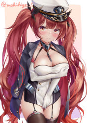 Rule 34 | 1girl, absurdres, azur lane, between breasts, black ribbon, black thighhighs, blush, border, breasts, cleavage, collar, covering privates, covering breasts, dress, embarrassed, garter straps, gradient background, hair between eyes, hair ribbon, hat, highres, honolulu (azur lane), jacket, jacket on shoulders, large breasts, long hair, looking at viewer, low twintails, makihige, peaked cap, pink background, red eyes, red hair, ribbon, short dress, solo, thighhighs, twintails, twitter username, very long hair, white border
