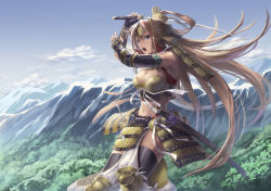 Rule 34 | 1girl, armor, black thighhighs, blue eyes, breasts, brown hair, cleavage, cloud, cuboon, day, forest, gauntlets, holding, japanese armor, kaihime, katana, kusazuri, landscape, long hair, medium breasts, mountain, nature, open mouth, ribbon, scabbard, sengoku taisen, sheath, sky, solo, sword, thighhighs, weapon