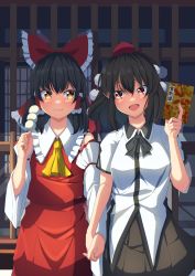 Rule 34 | 2girls, alternate eye color, amanoyayuki, ascot, bare shoulders, black hair, blush, bow, bowtie, breasts, card, closed mouth, collared dress, collared shirt, commentary request, dango, detached sleeves, dress, eating, food, food on face, frilled bow, frilled hair tubes, frills, grey bow, grey bowtie, grey hair, grey skirt, hair between eyes, hair bow, hair ornament, hair tubes, hakurei reimu, hand up, hat, highres, light, long sleeves, looking at another, medium breasts, multicolored eyes, multiple girls, open mouth, pointy ears, pom pom (clothes), puffy short sleeves, puffy sleeves, red bow, red dress, red eyes, red headwear, shadow, shameimaru aya, shirt, short hair, short sleeves, shrine, skirt, smile, standing, sunlight, tokin hat, tongue, touhou, wagashi, white shirt, wide sleeves, yellow ascot, yellow eyes