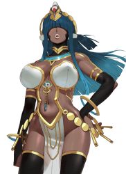 Rule 34 | 1girl, arm at side, black gloves, blue hair, bra, breasts, bridal gauntlets, commentary, conto, cowboy shot, dark-skinned female, dark skin, elbow gloves, facing viewer, gloves, hair over eyes, hand on own hip, highres, jewelry, large breasts, lips, long hair, navel, no panties, original, pelvic curtain, revealing clothes, simple background, solo, standing, tiara, underwear, white background, white bra