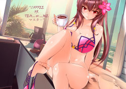 Rule 34 | 1girl, barefoot, beach, bikini, unworn bikini bottom, bottomless, bread, breasts, brown hair, cleavage, coffee, coffee cup, coffee maker, counter, cup, disposable cup, english text, fate/grand order, fate (series), feet, flower, food, hair flower, hair ornament, highres, large breasts, long hair, looking at viewer, meow7tail, ocean, purple hair, red eyes, scathach (fate), scathach (fate/grand order), scathach (swimsuit assassin) (fate), shinkon santaku, sitting, solo, swimsuit, toes, translated, window