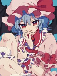 Rule 34 | 1girl, blue background, blue hair, bow, fang, feet out of frame, fingernails, hand up, hat, hat bow, ka (marukogedago), knees up, looking at viewer, mob cap, pink hat, pink shirt, puffy short sleeves, puffy sleeves, red bow, red eyes, remilia scarlet, shirt, short hair, short sleeves, simple background, smile, socks, solo, touhou, white socks, wristband