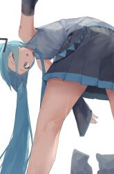 Rule 34 | 1girl, :o, aqua eyes, aqua hair, aqua necktie, armpits, bent over, black sleeves, boots, flying sweatdrops, from behind, from below, grey shirt, hair over one eye, hatsune miku, highres, kneepits, long hair, looking at viewer, necktie, pleated skirt, pocche-ex, shirt, skirt, solo, sweat, thighs, twintails, unworn boots, upside-down, very long hair, vocaloid, wet, white background