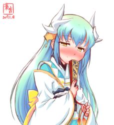 Rule 34 | 1girl, brown eyes, dated, fate/grand order, fate (series), folding fan, green hair, hand fan, highres, holding, horns, japanese clothes, kanon (kurogane knights), kimono, kiyohime (fate), long hair, looking at viewer, obi, sash, simple background, sketch, smile, solo, white background