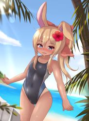 Rule 34 | 1girl, animal ears, beach, black one-piece swimsuit, blonde hair, blue eyes, rabbit ears, competition swimsuit, covered navel, cowboy shot, day, fangs, flower, hair flower, hair ornament, hair ribbon, hibiscus, highres, hotel01, one-piece swimsuit, one-piece tan, open mouth, original, outdoors, red ribbon, ribbon, short hair, solo, swimsuit, tan, tanline, thigh gap, tree, wet