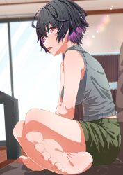 Rule 34 | 1girl, barefoot, black hair, feet, highres, light blush, looking at viewer, multicolored hair, open mouth, red eyes, short hair, shorts, sleeveless, sleeveless turtleneck, soles, streaked hair, toes, turtleneck
