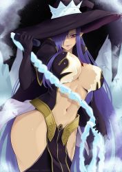 Rule 34 | 1girl, blue hair, breasts, closed mouth, cowboy shot, earrings, fatima, fatima (luminous arc), hair over one eye, hat, highres, ice, jewelry, large breasts, lipstick, long hair, looking at viewer, luminous arc, luminous arc 2, makeup, navel, pelvic curtain, pointy ears, purple eyes, revealing clothes, smile, solo, thighs, very long hair, vialnite, whip, witch hat