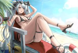 Rule 34 | 1girl, absurdres, ass, bikini, black bikini, blue archive, blue one-piece swimsuit, breasts, cleavage, crossed legs, eyes visible through hair, grey hair, head tilt, high heels, highres, holding, iori (blue archive), iori (swimsuit) (blue archive), legs, megaphone, one-piece swimsuit, open mouth, red eyes, sandals, swimsuit, thigh strap, thighs, toes, twintails, yato (yama0x1)