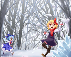 Rule 34 | 2girls, araki (qbthgry), arm up, artist name, bare tree, black footwear, black legwear, black skirt, black vest, blonde hair, blue bow, blue dress, bow, brown footwear, cirno, clenched hand, commentary request, dated, day, dress, fang, forest, gloves, hair between eyes, hair bow, hair ribbon, ice, long sleeves, looking back, mary janes, multiple girls, nature, open mouth, outdoors, pantyhose, pinafore dress, pink gloves, puffy short sleeves, puffy sleeves, red eyes, red neckwear, red scarf, ribbon, rumia, scarf, shirt, shoes, short hair, short sleeves, skirt, sleeveless dress, snow, snowball, snowball fight, thighhighs, throwing, touhou, tree, vest, walking, white legwear, white shirt, winter