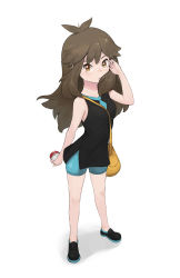 Rule 34 | 1girl, absurdres, arched back, bag, black footwear, blush, brown eyes, brown hair, closed mouth, commentary, creatures (company), eyelashes, full body, game freak, green (pokemon), hand up, highres, holding, holding poke ball, knees, nintendo, orange bag, poke ball, poke ball (basic), pokemon, pokemon lgpe, sanj, shoes, sidelocks, simple background, solo, white background