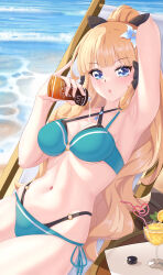 1girl :o absurdres applying_sunscreen aqua_bikini arada_(corsair_zero) armpits beach beach_chair bikini black_bikini black_bow blonde_hair blue_eyes blue_flower bow breasts cocktail criss-cross_halter drinking_straw elf flower hair_bow hair_flower hair_ornament hair_up halterneck highres large_breasts layered_bikini long_hair lotion o-ring o-ring_bikini o-ring_top ocean pointy_ears ponytail princess_connect! saren_(princess_connect!) saren_(summer)_(princess_connect!) side-tie_bikini_bottom solo sunscreen swimsuit very_long_hair waves