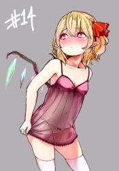Rule 34 | 1girl, bare arms, bare shoulders, blonde hair, blush, bow, bow panties, breasts, contrapposto, embarrassed, flandre scarlet, grey background, hair ribbon, lingerie, looking up, navel, negligee, omizu chihiro, panties, pointy ears, red bow, red eyes, red ribbon, ribbon, see-through, simple background, sketch, small breasts, solo, standing, thighhighs, touhou, underwear, white panties, white thighhighs, wings