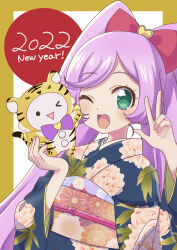 Rule 34 | 1girl, ;d, absurdres, ahoge, animal costume, animal print, blue kimono, bow, commentary request, floral print, green eyes, hair bow, hands up, happy new year, highres, hokahoka yudoufu, holding, holding stuffed toy, japanese clothes, kimono, kuma (pripara), long hair, long sleeves, looking at viewer, manaka laala, new year, obi, one eye closed, open mouth, pink bow, pretty series, print kimono, pripara, purple hair, sash, smile, stuffed toy, tiger costume, tiger print, twintails, upper body, very long hair, w, wide sleeves