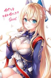 Rule 34 | 1girl, absurdres, ascot, azur lane, blonde hair, blue eyes, blush, braid, breasts, bug, butterfly, closed mouth, cokecoco, covered navel, crossed bangs, dress, floating hair, french braid, glorious (azur lane), gloves, hair between eyes, hair ornament, hand on own chest, headgear, highres, insect, large breasts, long hair, long sleeves, looking at viewer, medium breasts, microdress, sash, sidelocks, signature, sitting, solo, thighhighs, very long hair, white gloves, white thighhighs