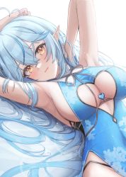 Rule 34 | 1girl, absurdres, ahoge, armpits, black panties, blue hair, blush, breasts, china dress, chinese clothes, cleavage cutout, clothing cutout, colored tips, dress, elf, floral print, hair between eyes, heart, heart ahoge, highres, hololive, large breasts, long hair, looking at viewer, mofu07519, multicolored hair, open mouth, panties, pointy ears, smile, solo, streaked hair, underwear, virtual youtuber, yellow eyes, yukihana lamy