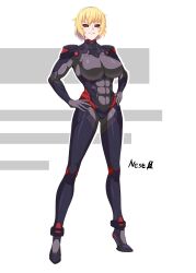 Rule 34 | 1girl, abs, absurdres, armored bodysuit, black sclera, blonde hair, bodysuit, breasts, colored sclera, commentary request, commission, full body, grey background, grin, hands on own hips, heel-less heels, highres, impossible bodysuit, impossible clothes, large breasts, looking at viewer, muscular, muscular female, nese 000, original, red eyes, short hair, skeb commission, skin tight, smile, solo, standing, two-tone background, white background