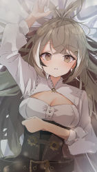 Rule 34 | 1girl, bed sheet, belt, brown corset, brown eyes, brown hair, cleavage cutout, clothing cutout, corset, dim lighting, feather hair ornament, feathers, hair ornament, hand on own stomach, hand up, highres, hololive, hololive english, inaba reito, long hair, looking at viewer, lying, multicolored hair, nanashi mumei, on back, on bed, parted lips, shirt, solo, streaked hair, virtual youtuber, white shirt