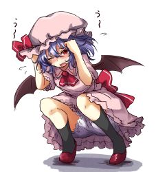 Rule 34 | 1girl, absurdres, amagi (amagi626), arms up, ascot, bat wings, black socks, bloomers, blue hair, blush, bow, charisma guard, flying sweatdrops, full body, hair between eyes, hat, hat bow, highres, kneehighs, looking at viewer, mob cap, one-hour drawing challenge, one eye closed, open mouth, pink hat, red bow, red eyes, red footwear, remilia scarlet, shoes, short hair, short sleeves, simple background, socks, solo, squatting, sweat, tears, touhou, underwear, uu~, white background, white bloomers, wings