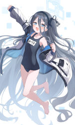 Rule 34 | 1girl, :d, absurdly long hair, absurdres, alternate costume, aris (blue archive), bare legs, bare shoulders, barefoot, black hair, black hairband, blue archive, blue eyes, blue one-piece swimsuit, blush, collarbone, commentary request, covered navel, feet, full body, hair between eyes, hairband, halo, highres, jacket, legs, long bangs, long hair, long sleeves, looking at viewer, name tag, off shoulder, one-piece swimsuit, open clothes, open jacket, open mouth, outstretched arm, ringed eyes, school swimsuit, side ponytail, sleeves past wrists, smile, solo, swimsuit, toenails, toes, very long hair, warojiku