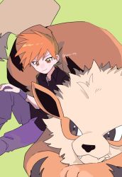 Rule 34 | 1boy, arcanine, black shirt, blue oak, brown eyes, closed mouth, commentary request, creatures (company), game freak, gen 1 pokemon, green background, highres, male focus, momotose (hzuu xh4), nintendo, orange hair, pants, pokemon, pokemon (creature), pokemon frlg, purple pants, shirt, short hair, sitting, smile, spiked hair, twitter username, wristband